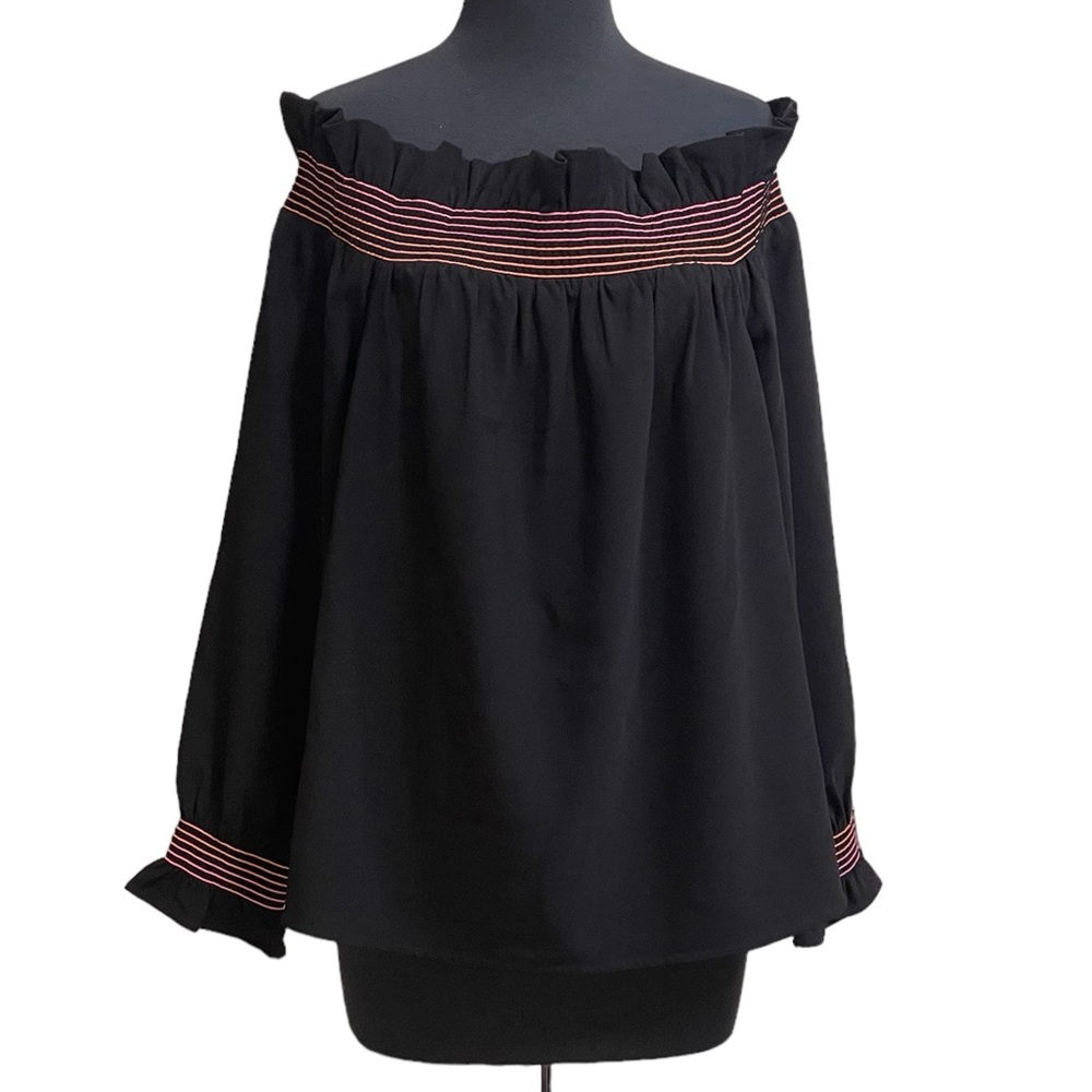 Crown & Ivy Black Hello Spring Pink Stitching Smocking Off The Shoulder Top Sz L